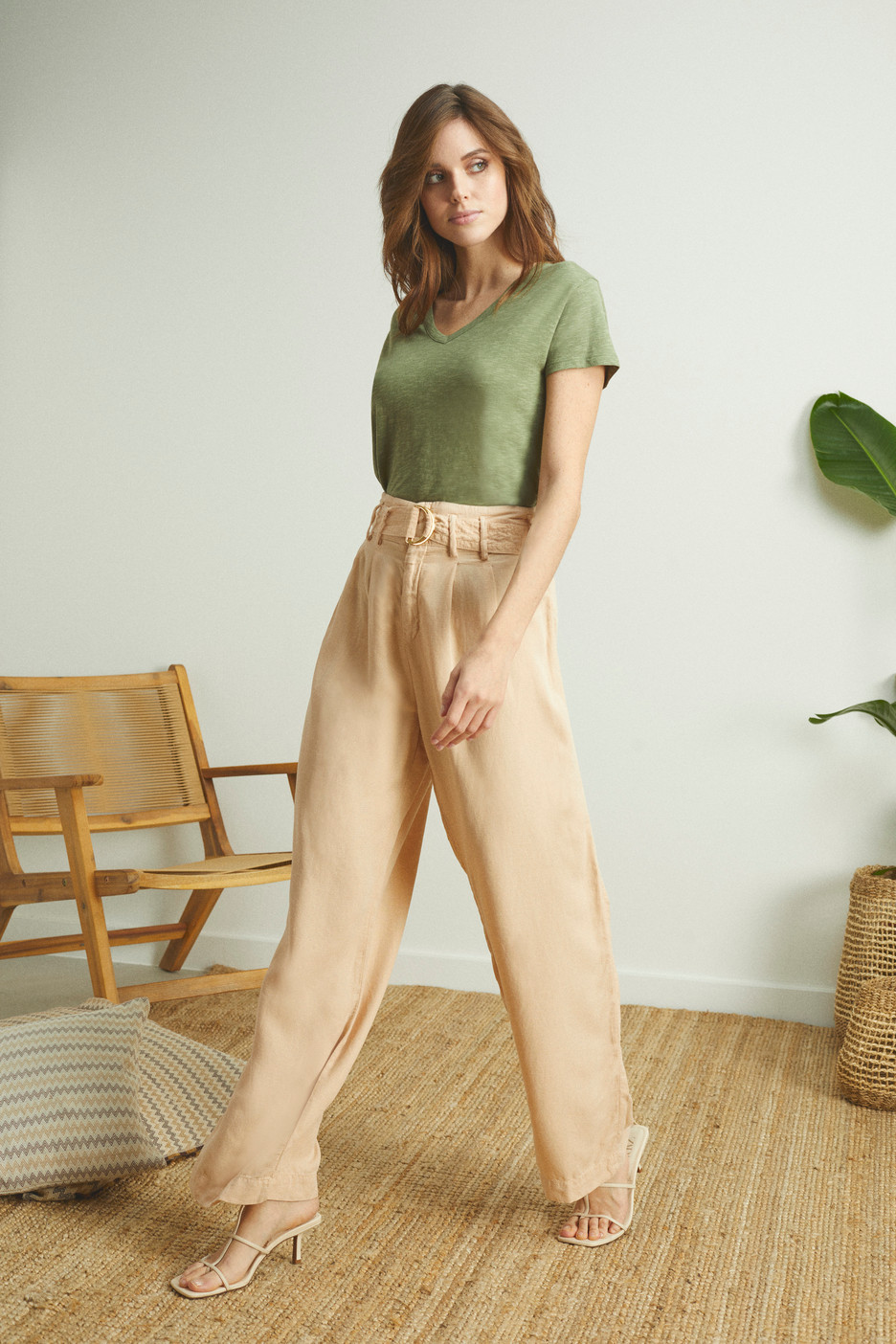 Stone Wide Leg Paperbag Trousers
